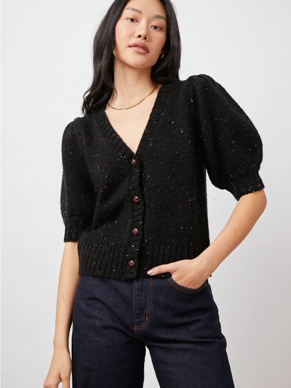 Rails Isla Cardigan - Black Confetti Puff-Sleeve